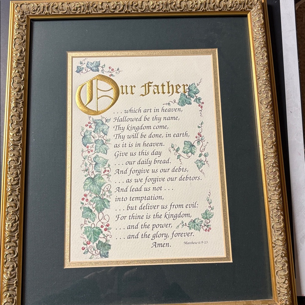 Our Father The Lords Prayer double matted framed gold new 16”x14”